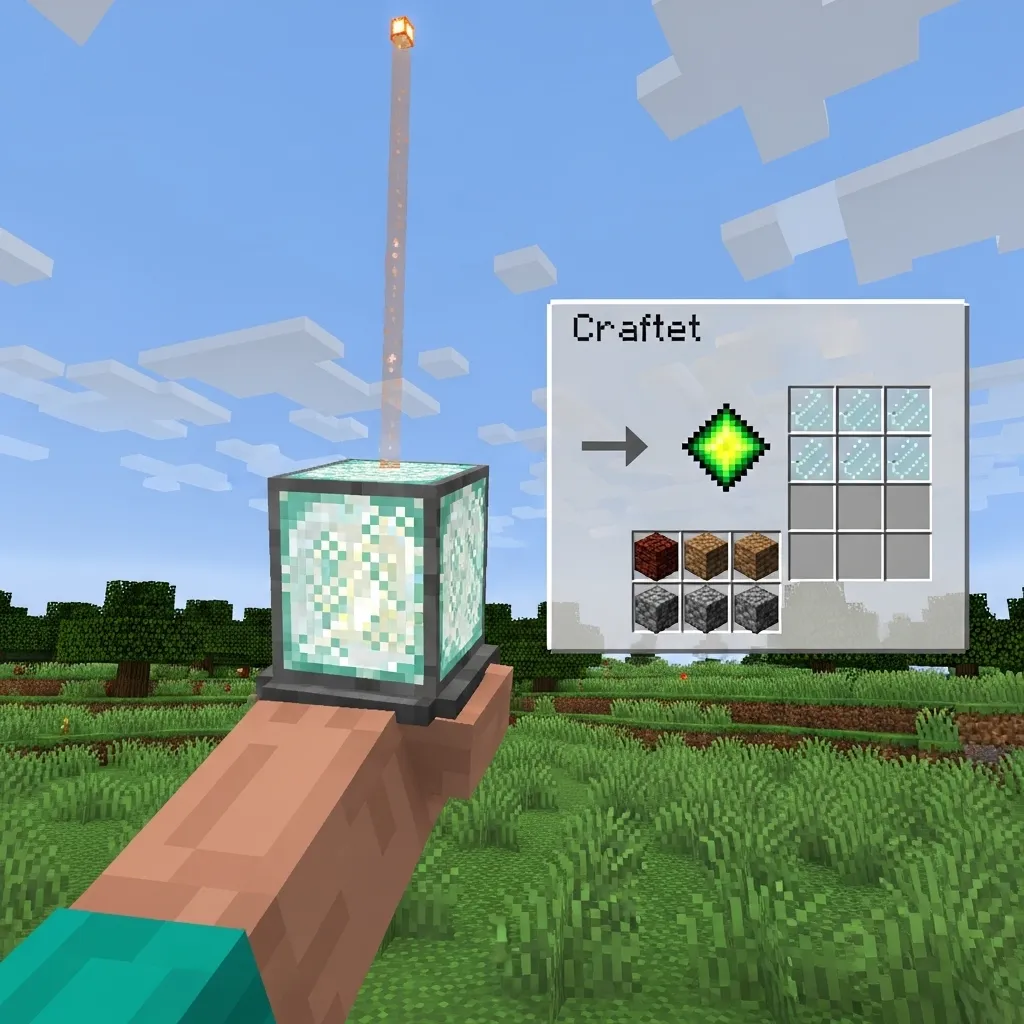 A player holding a crafted beacon block, with the crafting recipe shown in the background