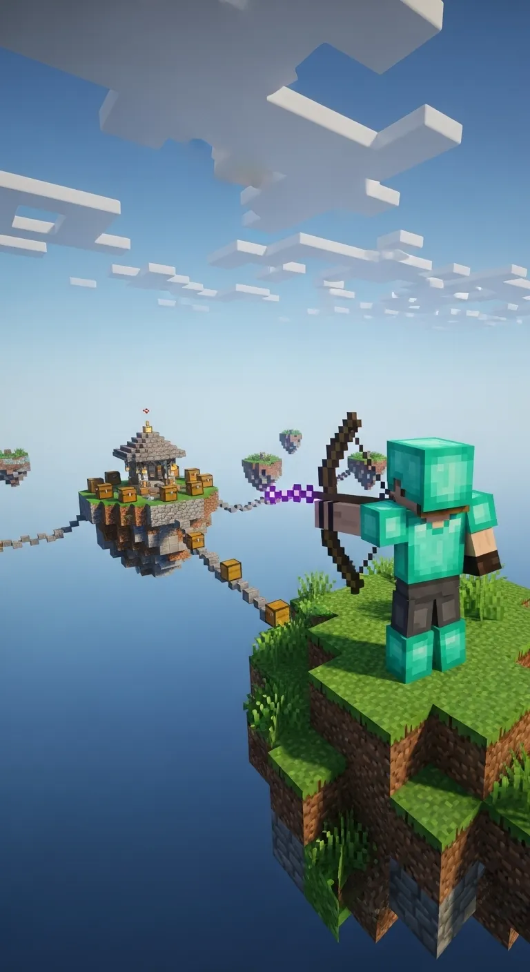 A player in Minecraft aiming a Power V Bow from a high vantage point, looking across a Skywars map.