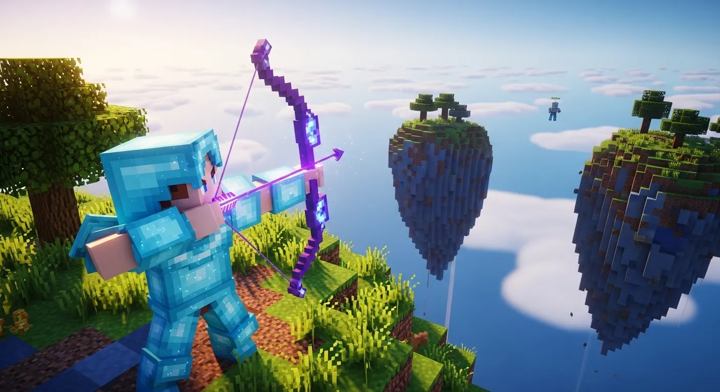 A player in Skywars aiming a fully drawn Power V bow at a distant opponent across an island gap