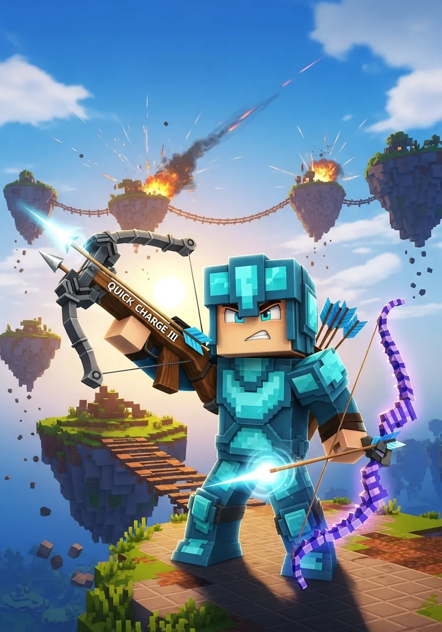 A player in Skywars holding both a quick charge crossbow and a power V bow, looking decisive