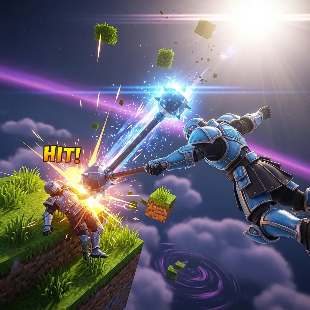 A player in Skywars landing a powerful Mace hit on an opponent, with enchantment particles visible.