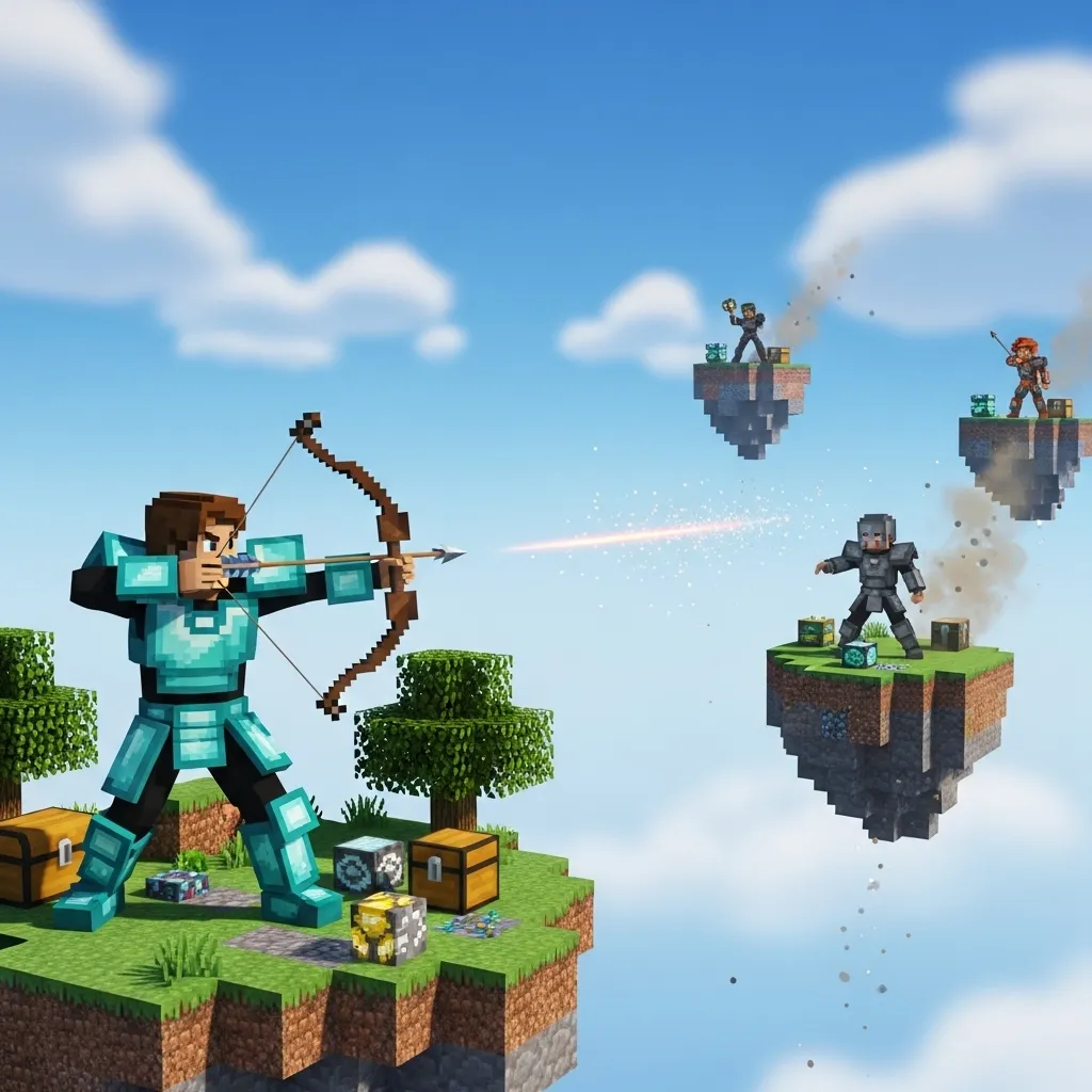 A player in SkyWars using a bow to snipe a single opponent from a distance, while two other opponents are visible but further away