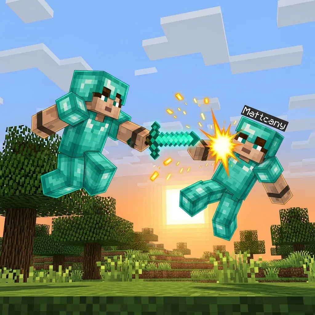 A player landing a perfect critical hit on an opponent who is flying back due to maximum knockback. Minecraft
