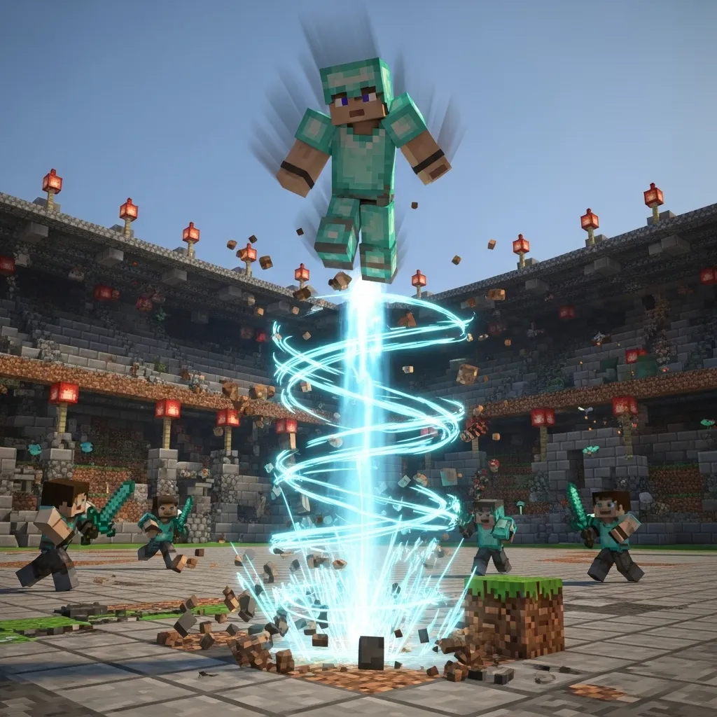 A player launching themselves upwards with a wind charge in a PvP arena