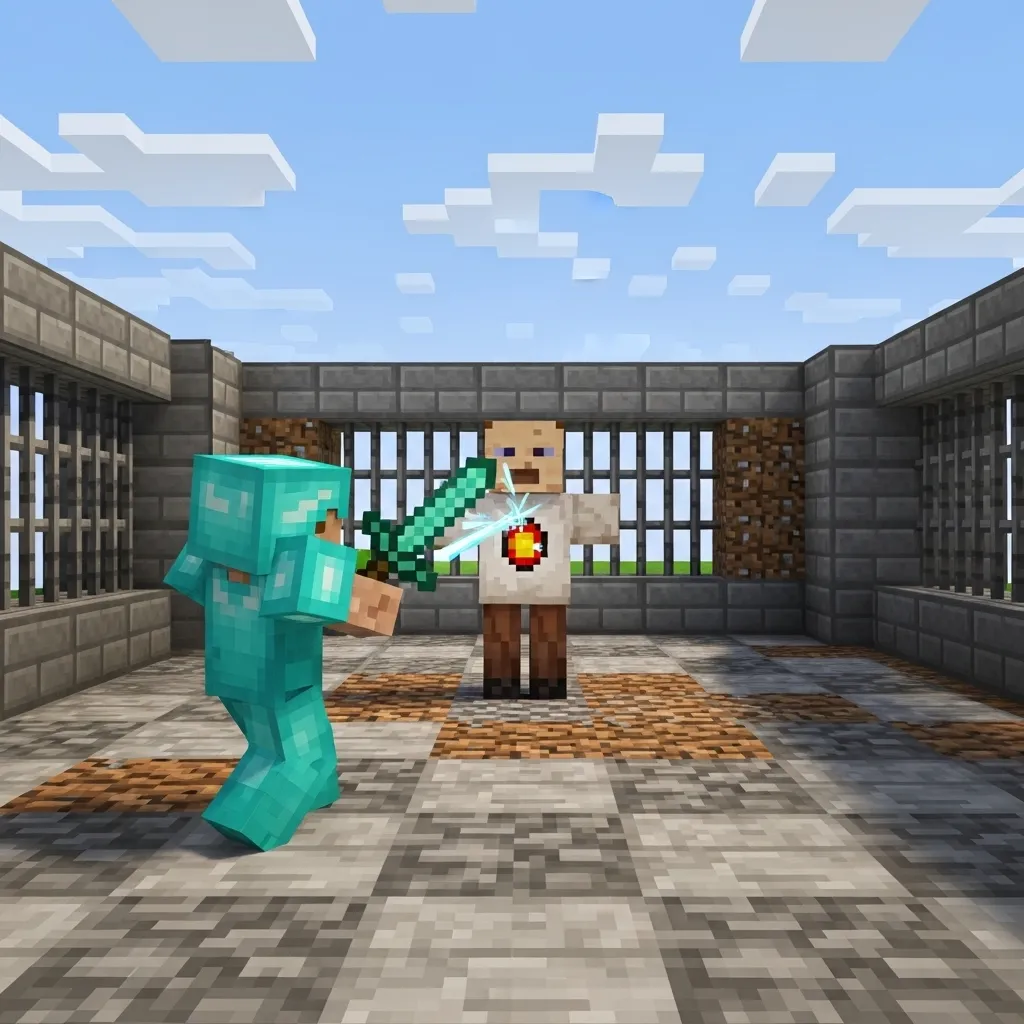 A player practicing hitting a dummy target in a Minecraft PvP training map.