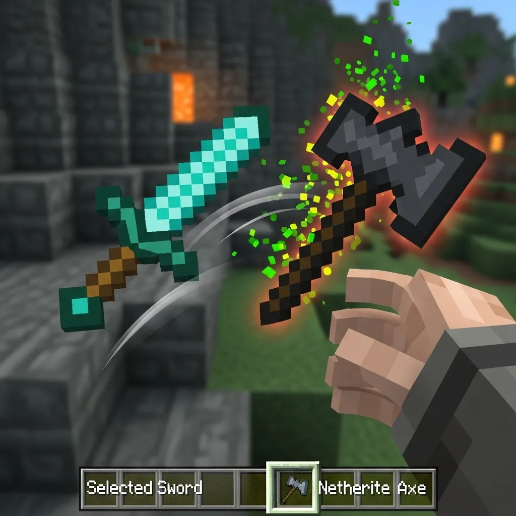A player quickly switching from a diamond sword to an enchanted netherite axe using hotkeys