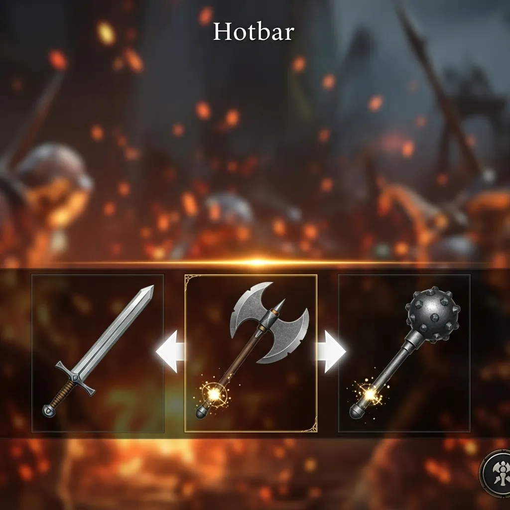 A player rapidly swapping between a sword, an axe, and a mace in a hotbar interface