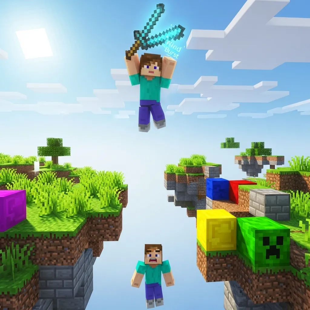 A player using a mace with Wind Burst, jumping high above an enemy in a Skywars arena