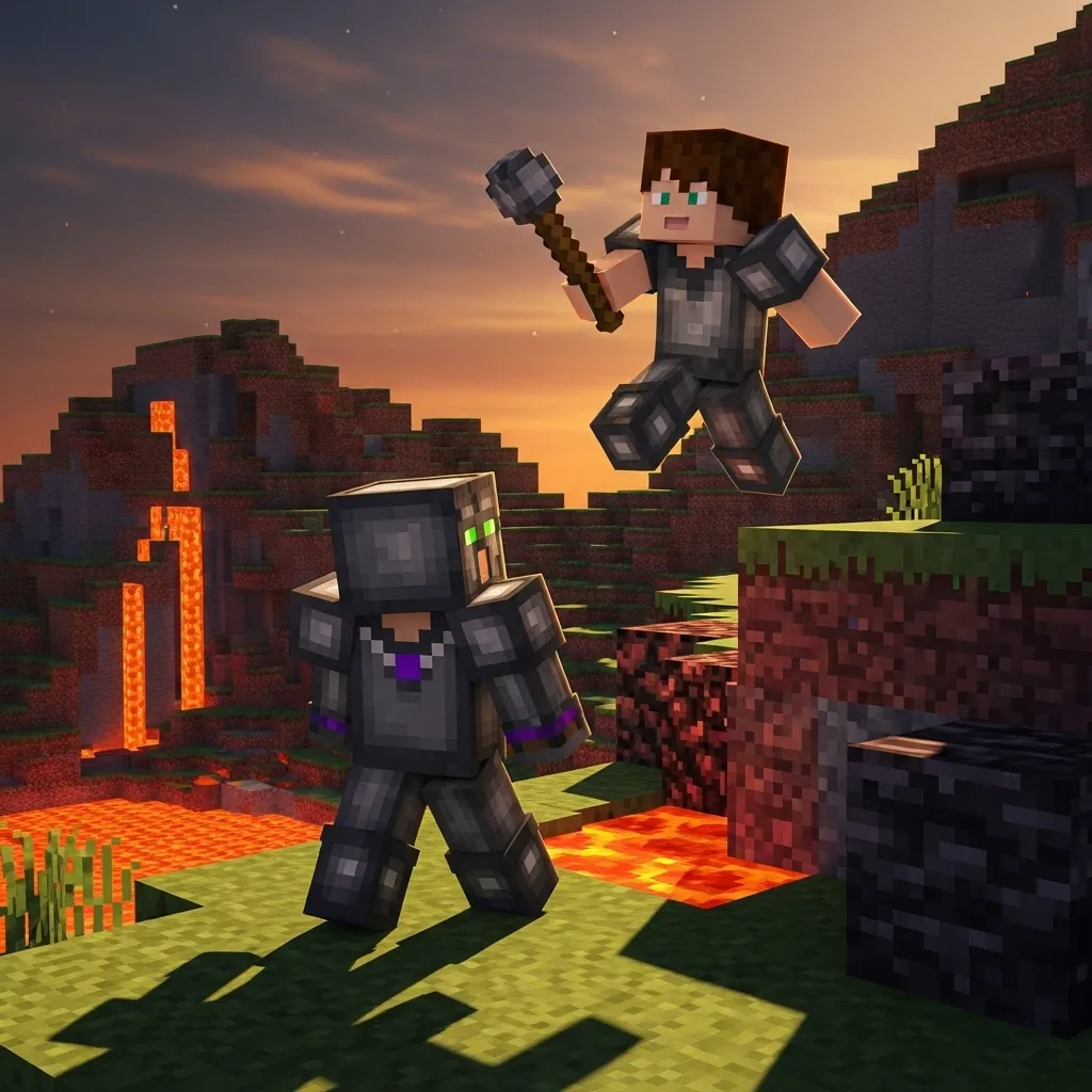 A player with a Mace leaping from a height toward another player wearing full netherite armor. Minecraft
