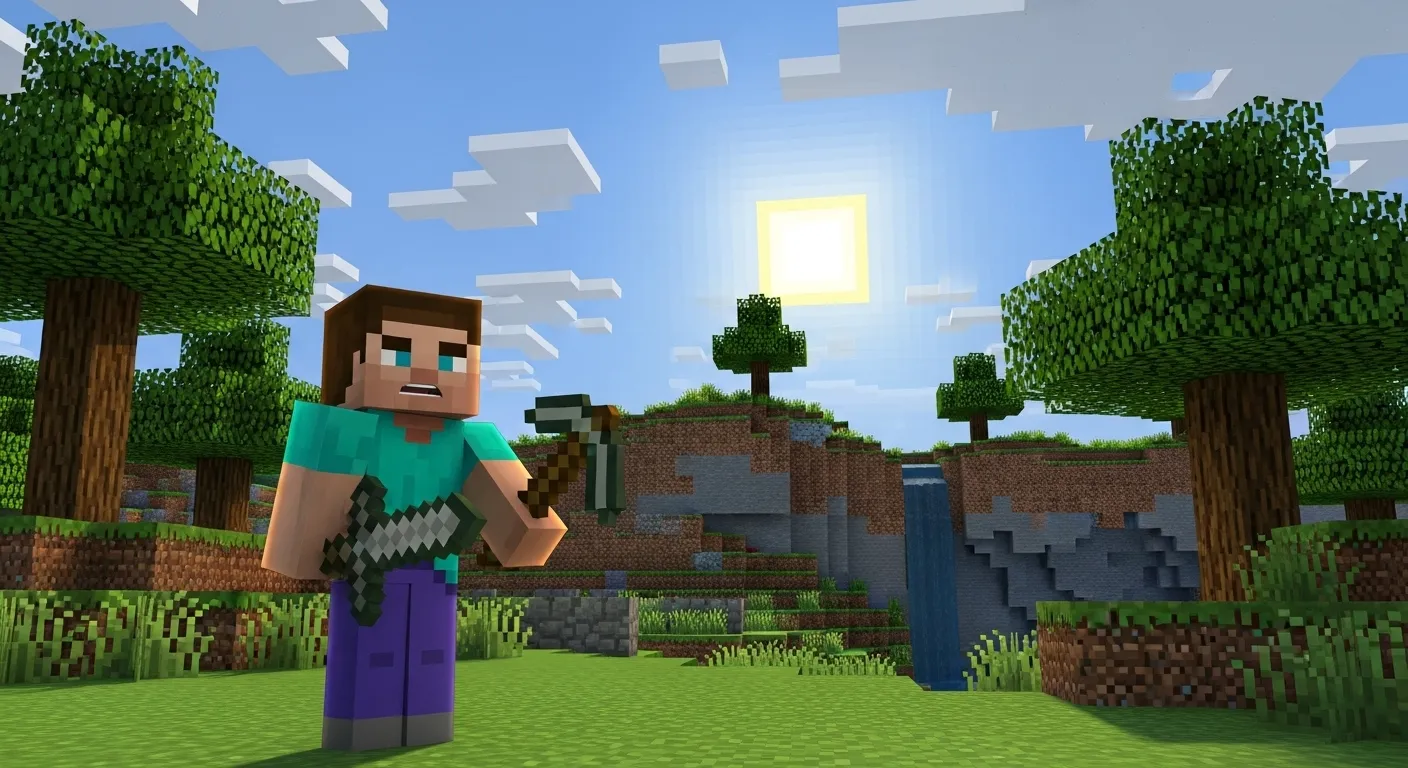 A player with basic wooden/stone tools, looking cautiously around a Minecraft world.