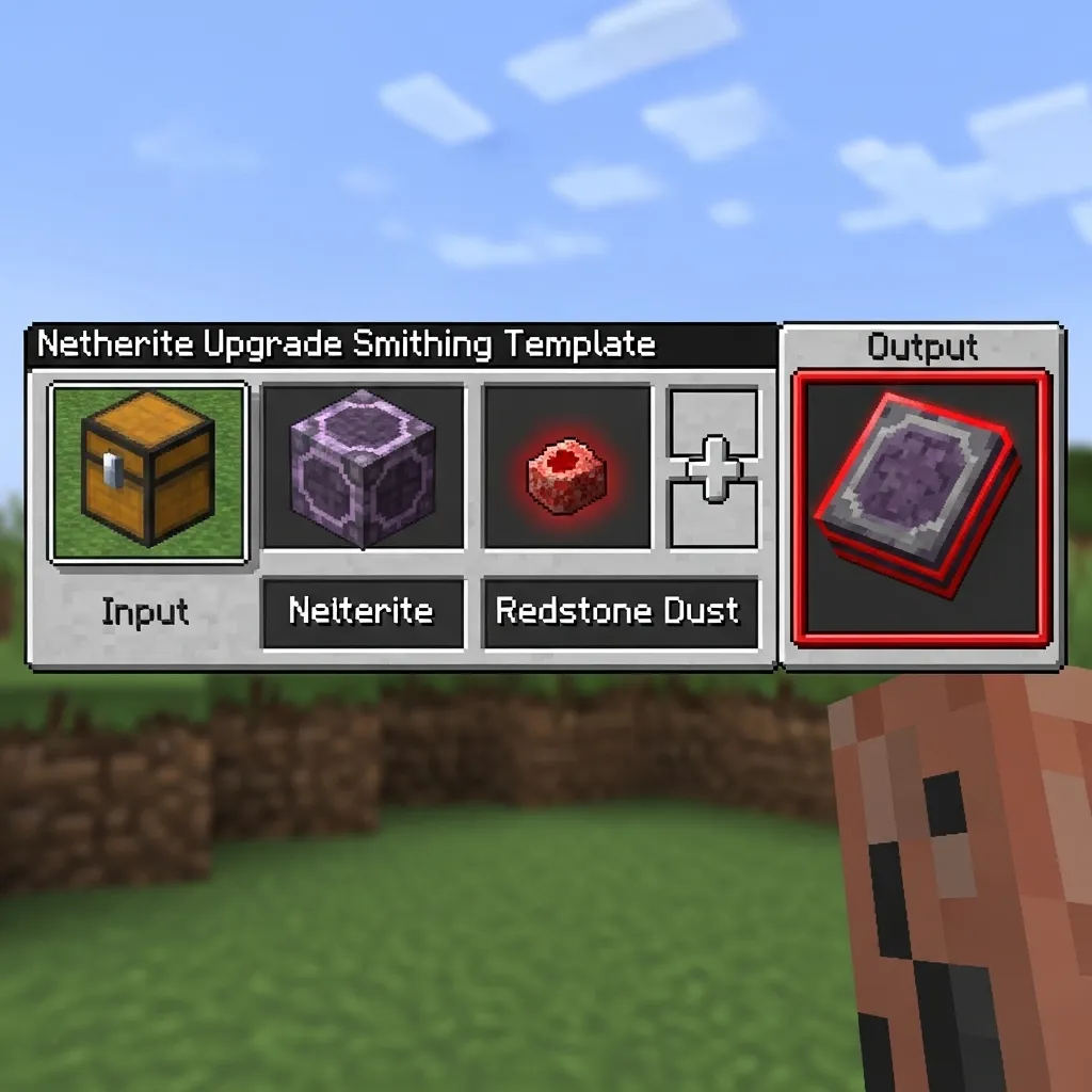 A screenshot of a Minecraft Smithing Table interface showing a Netherite Upgrade Smithing Template, a Netherite Chestplate, and a Redstone Dust, with the resulting red-trimmed Netherite Chestplate in the output slot.