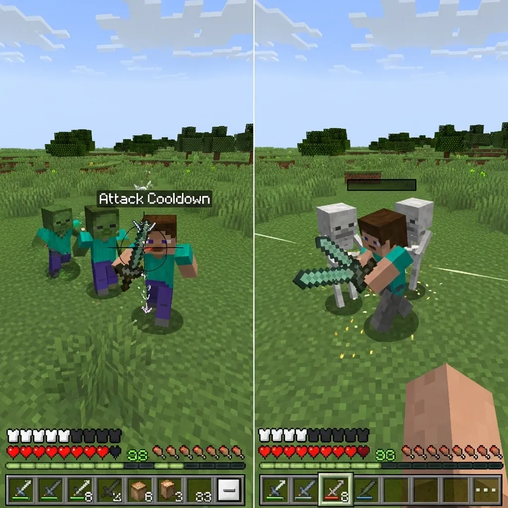 A split image showing Minecraft Java Edition combat on one side and Bedrock Edition combat on the other, highlighting the different HUDs or combat styles.
