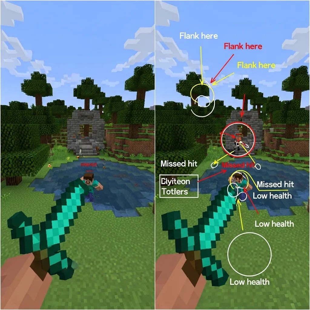 A split screen showing a Minecraft PvP match on one side and a paused, annotated review of that match on the other.