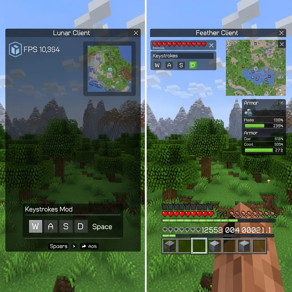 A split screen showing Lunar Client's GUI on one side and Feather Client's GUI on the other, highlighting their distinct interfaces