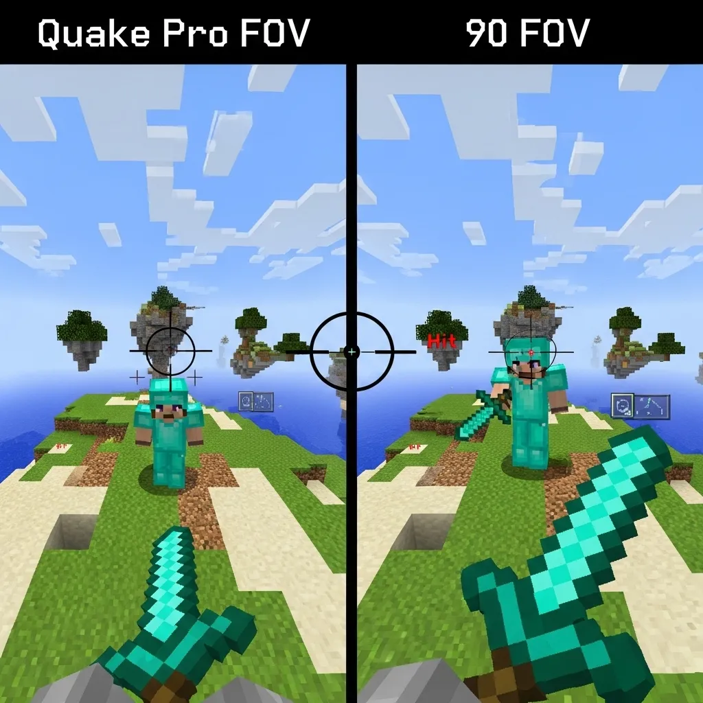 A split screen visual comparing Quake Pro FOV aiming vs 90 FOV aiming in a classic Minecraft 1v1 scenario
