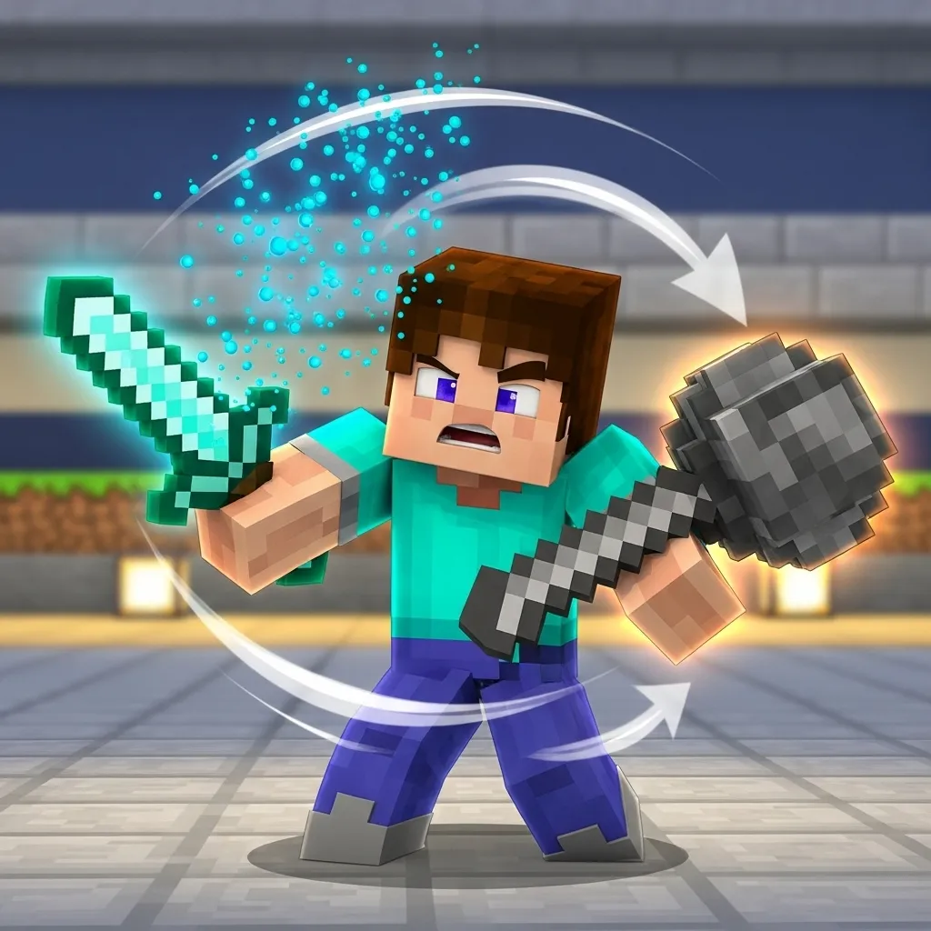 A stylized graphic showing a player quickly switching between a glowing sword and a large mace in a combat stance, Minecraft