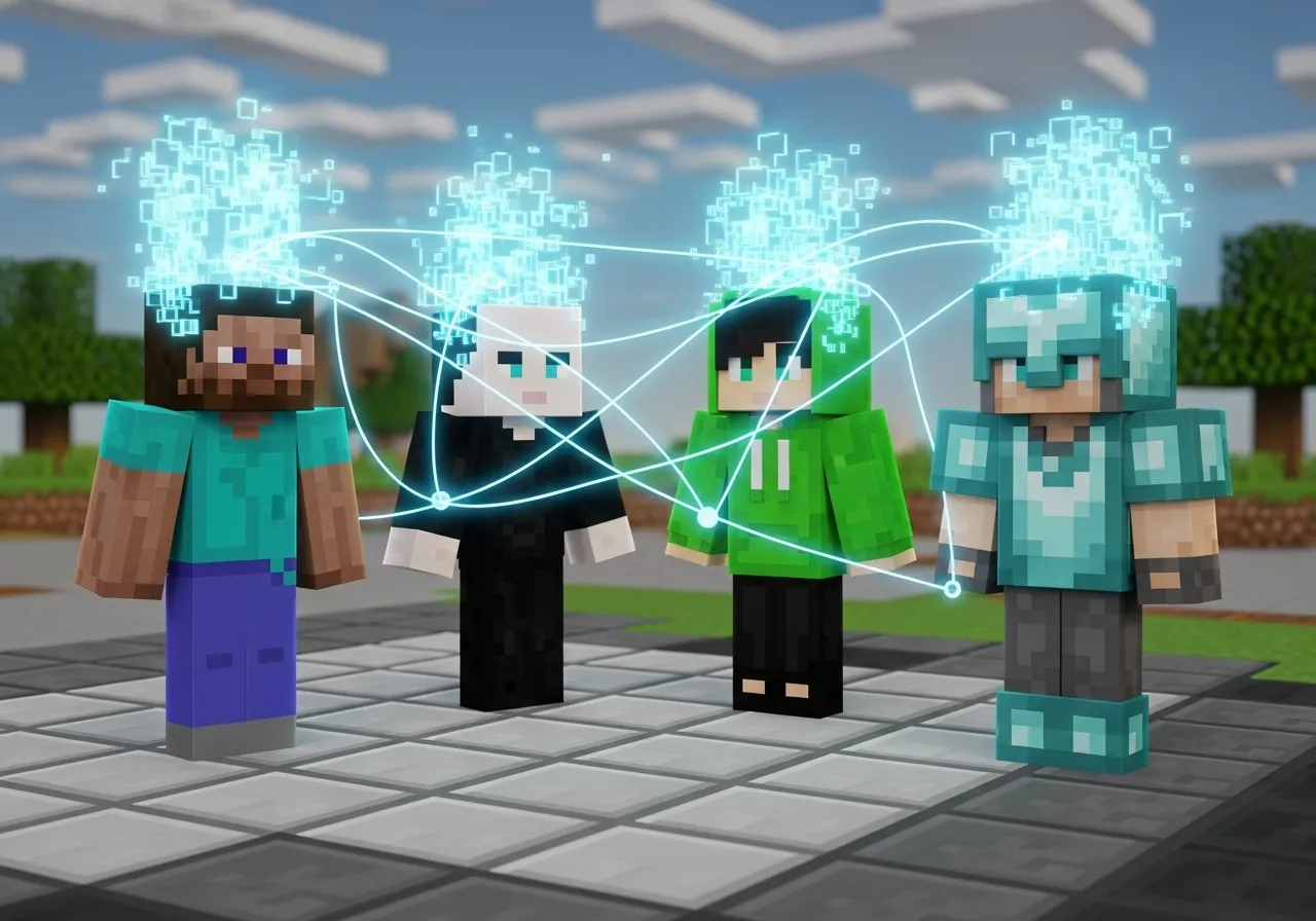 A stylized image of four Minecraft characters with glowing lines connecting their minds, representing a shared team consciousness in Bedwars.