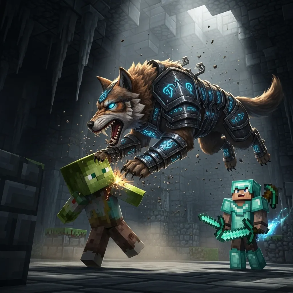 A wolf wearing wolf armor attacking a hostile mob, with a player nearby