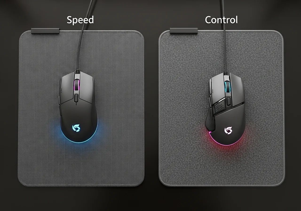 An overhead shot of two different mousepads, one visibly smoother (speed) and one with more texture (control), with a gaming mouse on each.