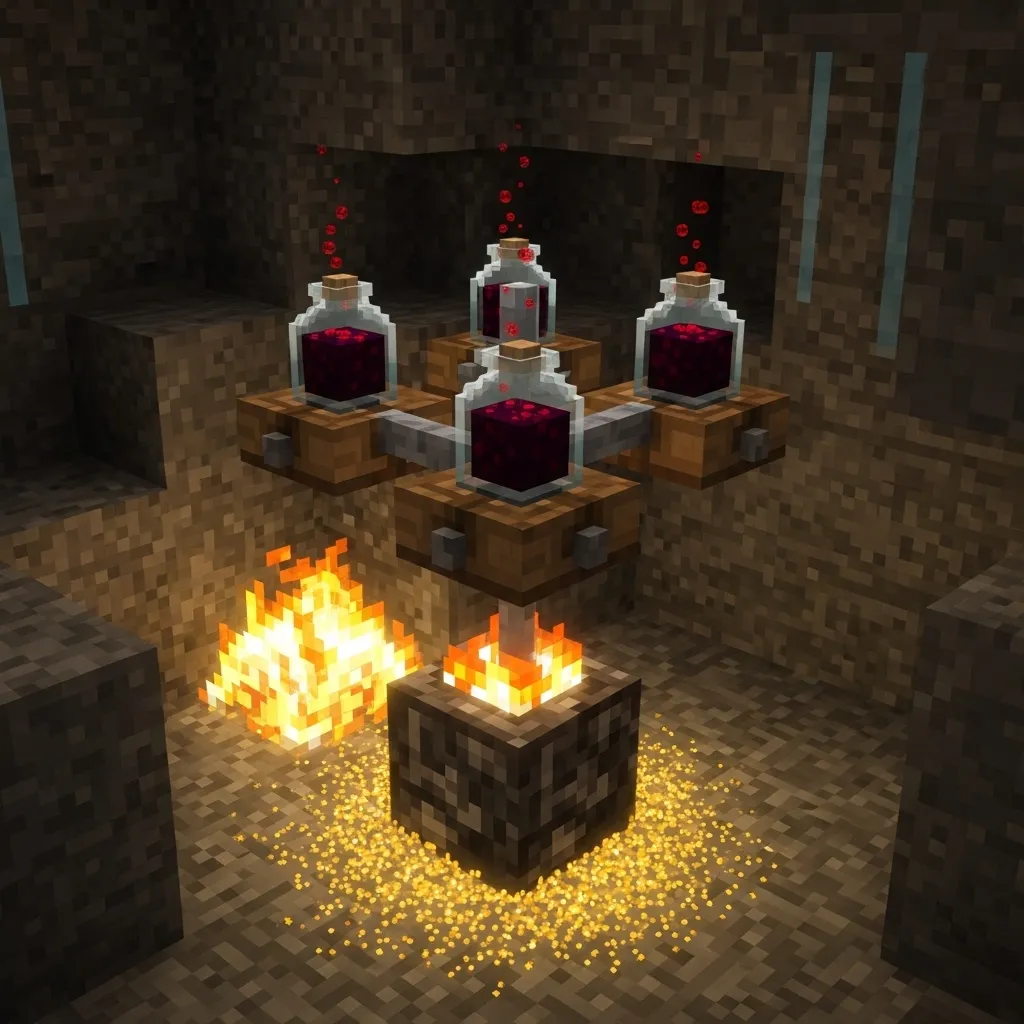 Brewing stand with Instant Damage II Potions and Glowstone Dust