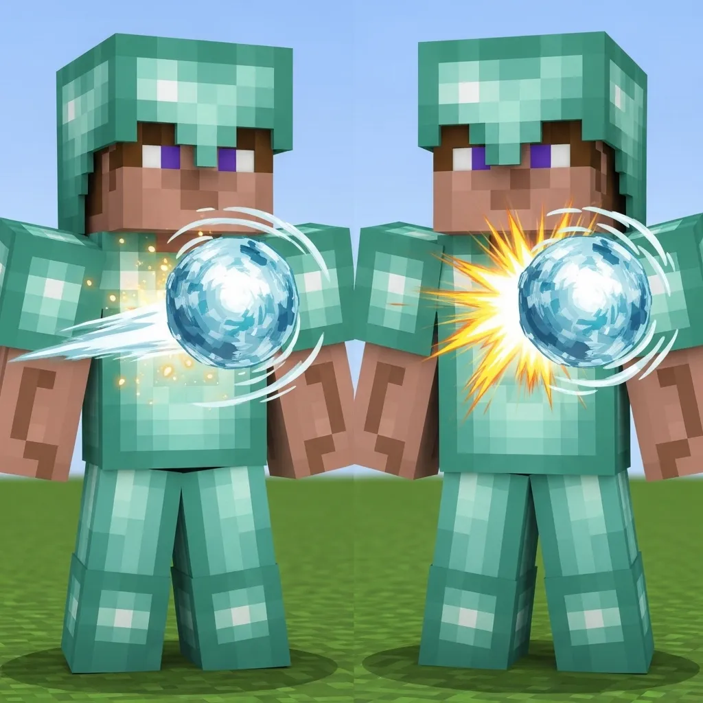 Close-up comparison of a player wearing standard Protection IV armor versus Blast Protection IV armor being hit by a Wind Charge projectile no text