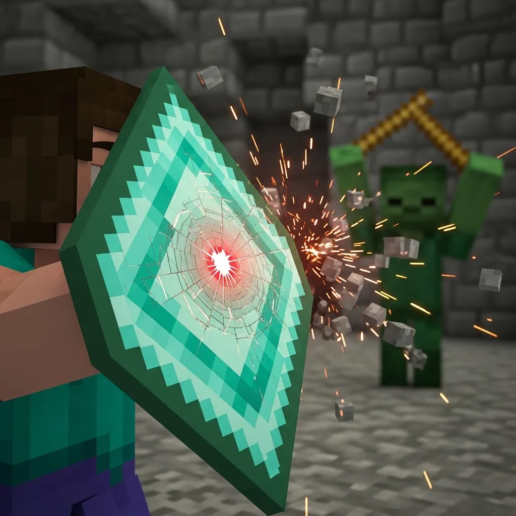 Close-up of a Minecraft player successfully blocking an attack with a shield, showing the moment the shield becomes temporarily ineffective.