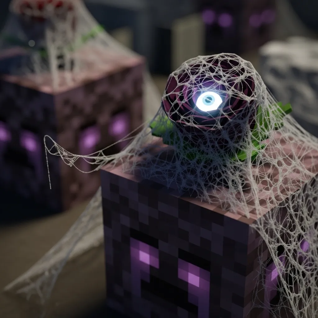 Close-up of a Wither Rose hidden inside a cobweb on soul sand, minecraft theme
