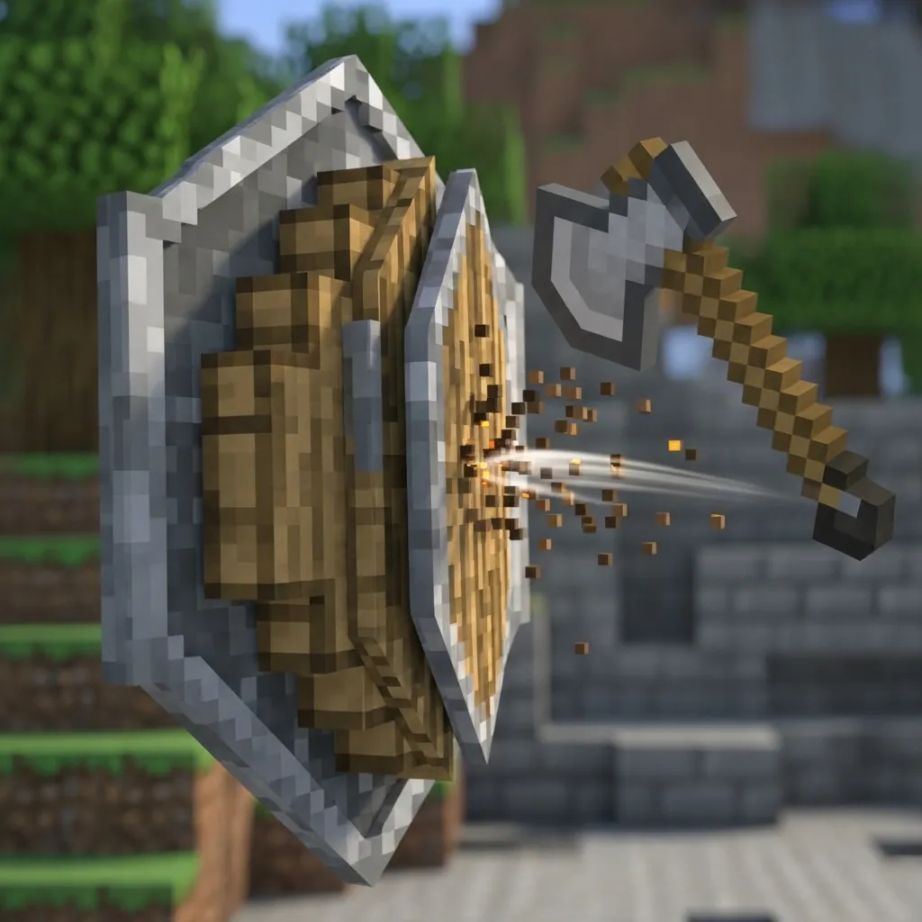 Close-up view of a Minecraft shield being deployed just as an axe hits it, emphasizing the short activation window.