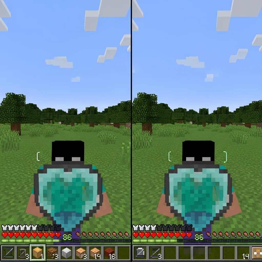 Comparison showing a default shield blocking half the screen versus a lower shield resource pack showing full visibility, Minecraft