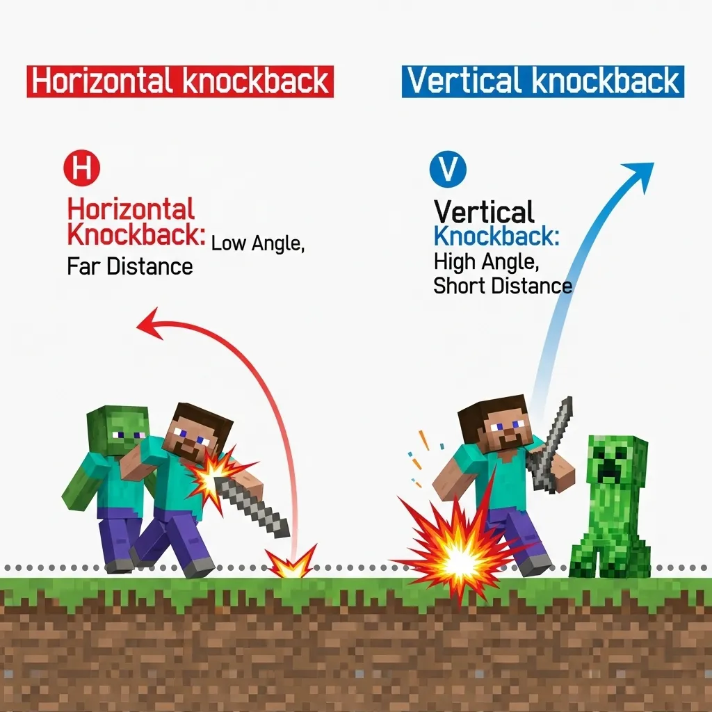 Diagram illustrating the difference between horizontal knockback trajectory and vertical knockback trajectory, minecraft