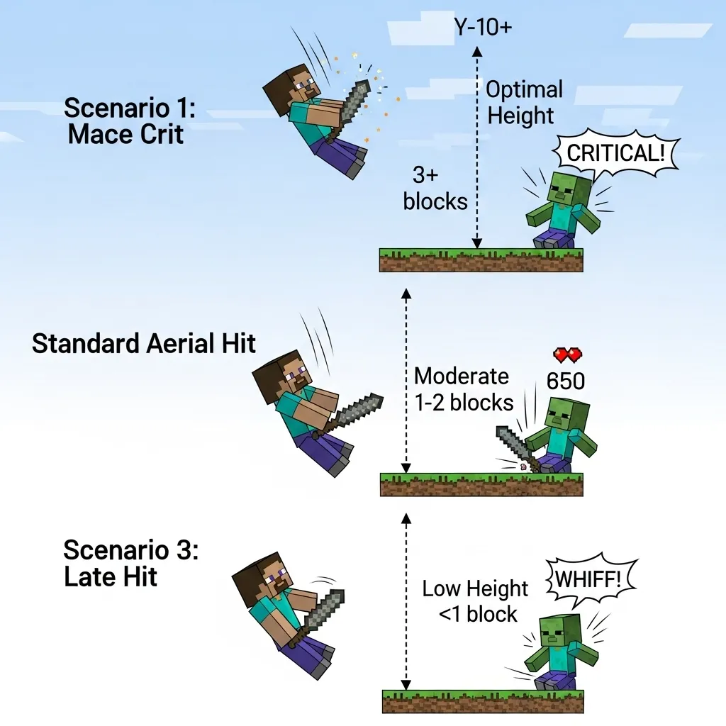Diagram illustrating the optimal height needed for a Mace crit versus a standard aerial hit and a late hit. Minecraft, very basic