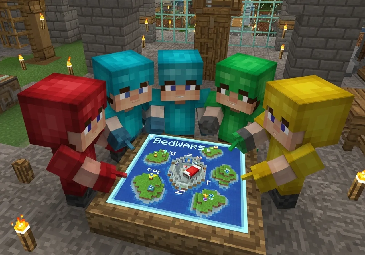 Four Minecraft characters in different colored armor huddled together in a pre-game Bedwars lobby, pointing at the map.