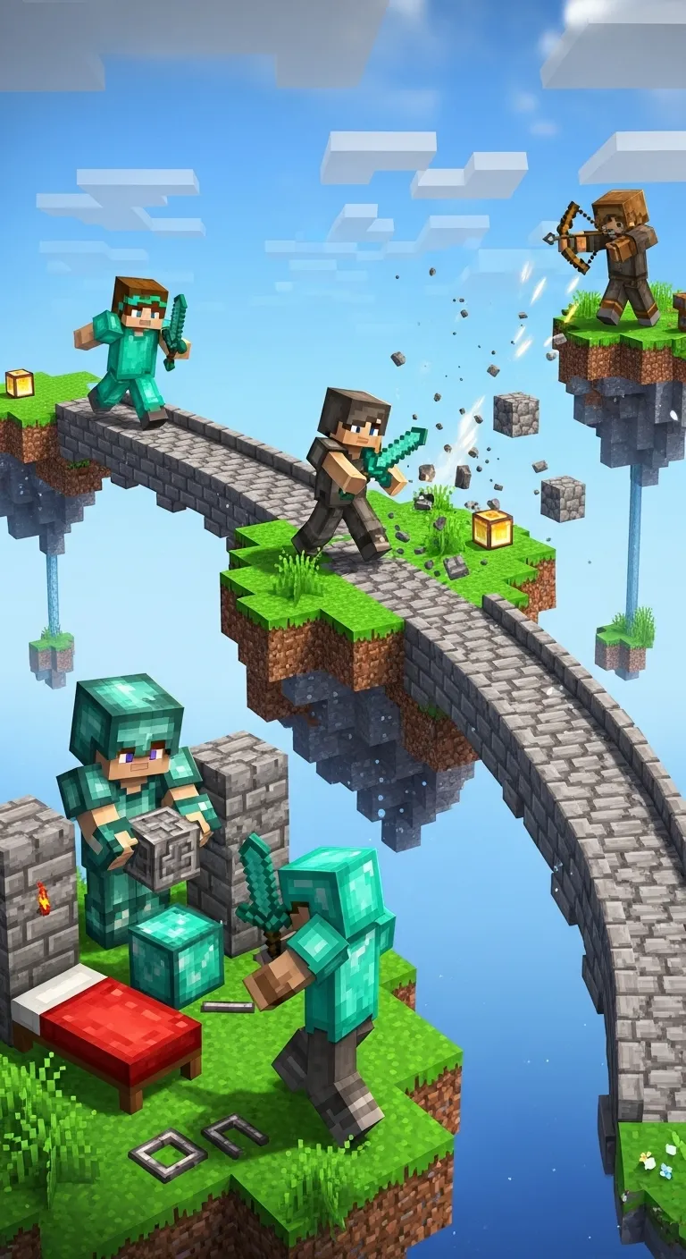 Four Minecraft players in a Bedwars match, each fulfilling a different role like defending, bridging, and fighting.