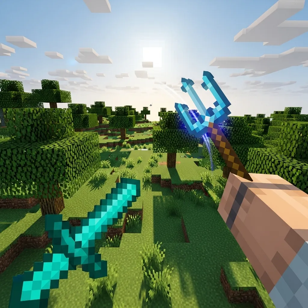 Minecraft Bedrock player throwing a Loyalty-enchanted trident while holding a diamond sword in the off-hand, illustrating a weapon swap