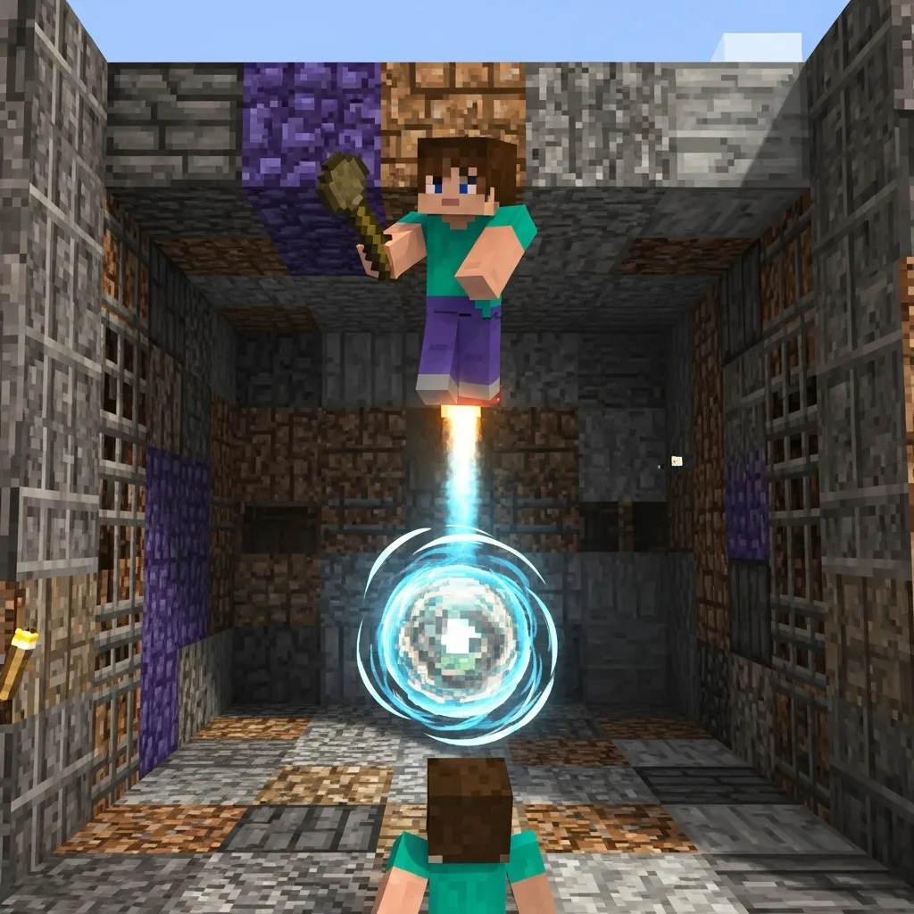 Minecraft player launching into the air with a Wind Charge inside a box PvP arena, holding a Mace ready to strike an opponent below.