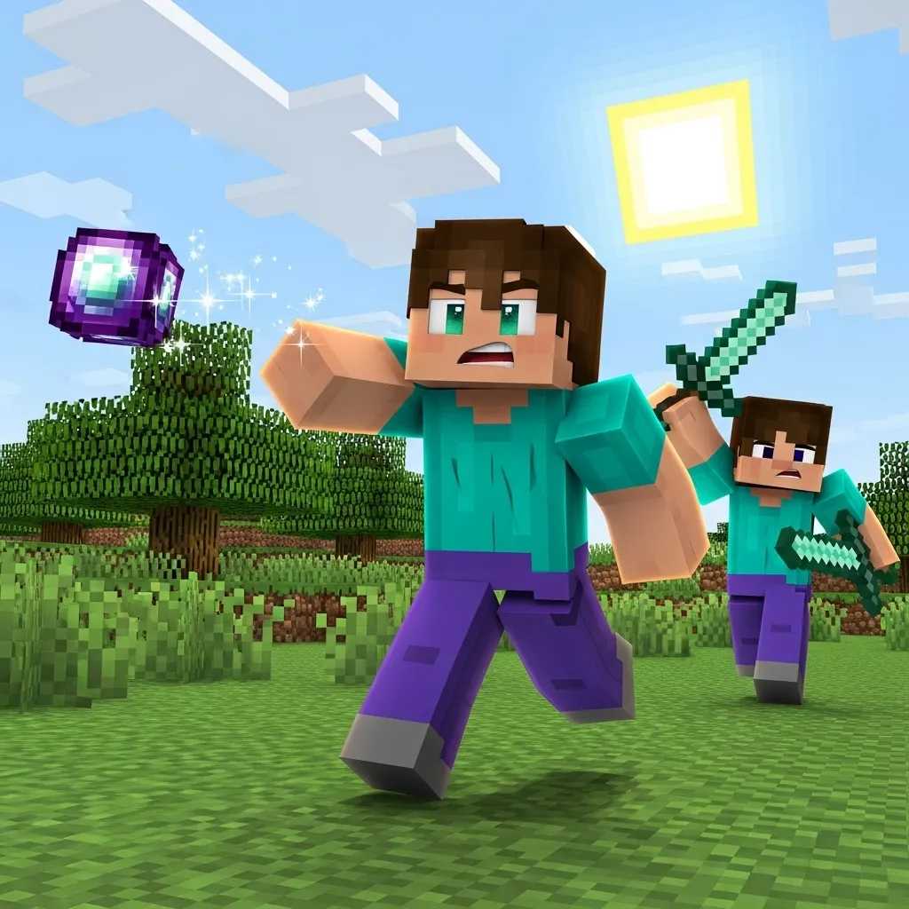 Minecraft player quickly throwing an ender pearl while being chased by an opponent.