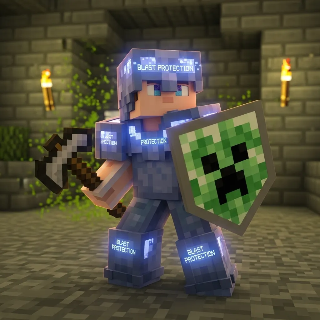 Minecraft player standing defensively with a shield and axe, highlighting the armor's blast protection glow effect.