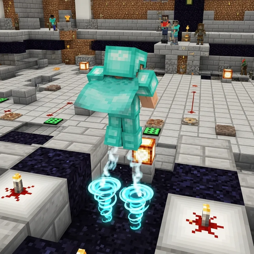 Player executing a perfect Wind Charge double jump in a Minecraft PvP arena