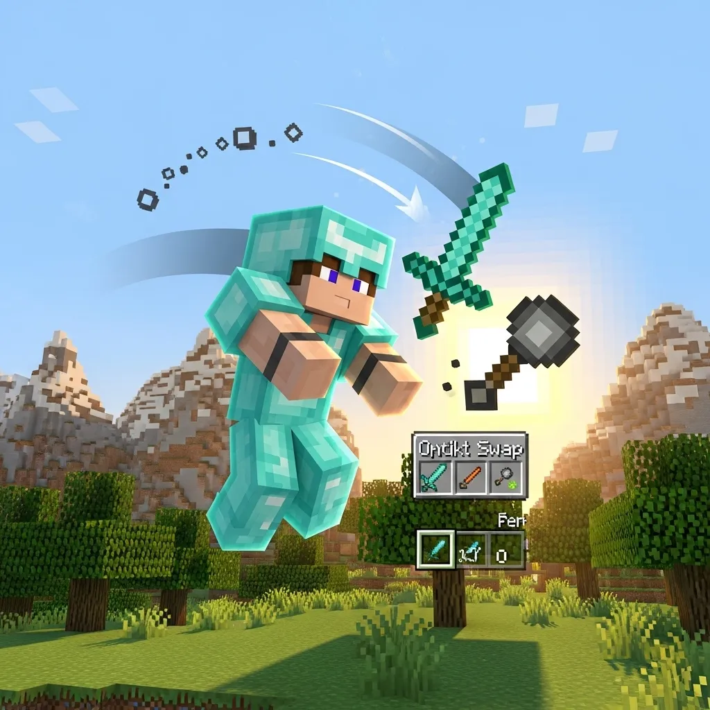 Player executing a quick weapon swap from a sword to a mace mid-air after intentionally missing a swing. Minecraft