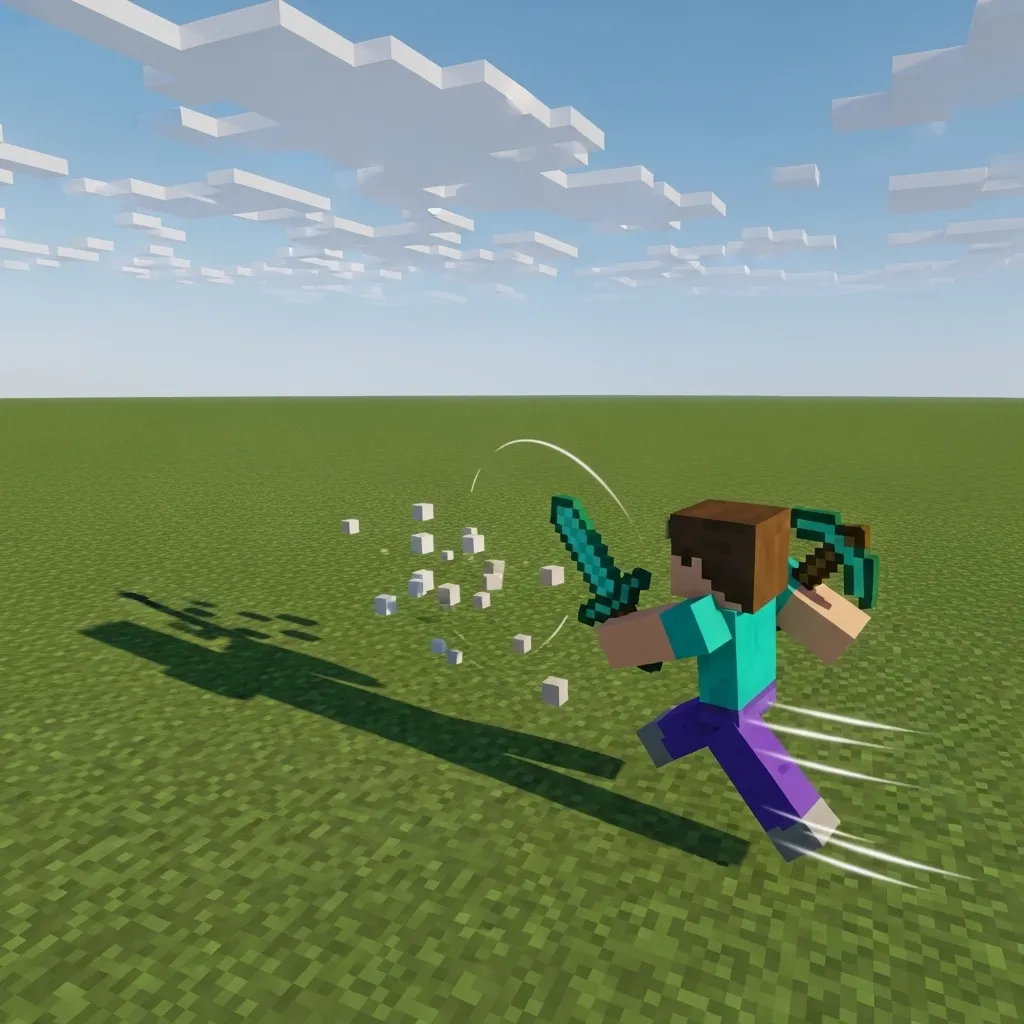 Player executing an S-Tap combo while moving quickly across a flat plain in Minecraft