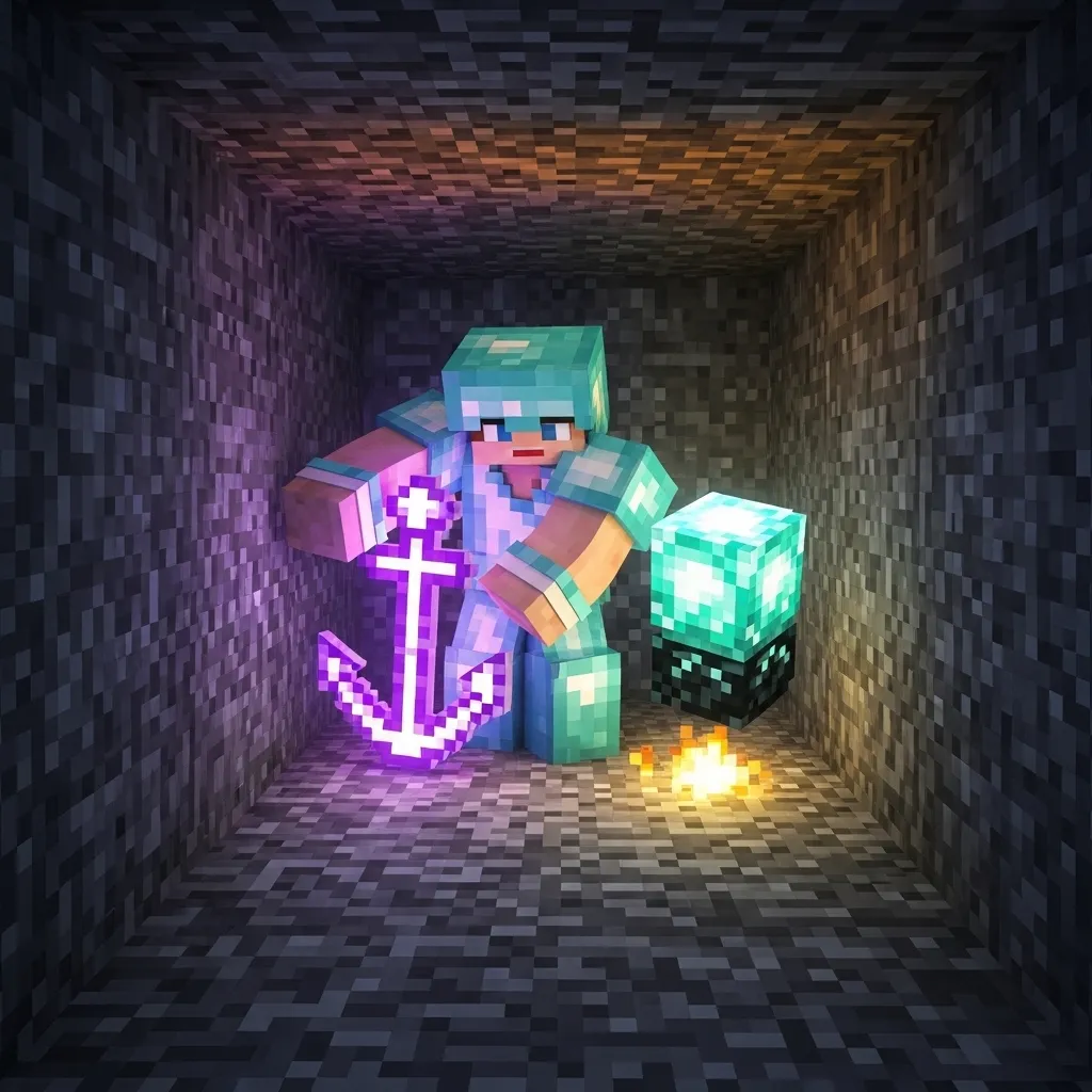 Player in a tightly enclosed 1x1 hole environment executing a Respawn Anchor and End Crystal placement with high speed.