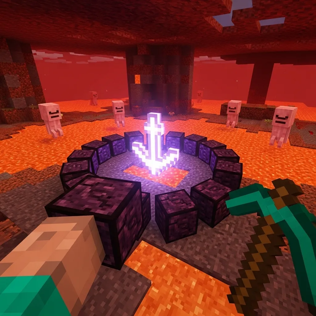 Player quickly placing obsidian to surround a charging respawn anchor