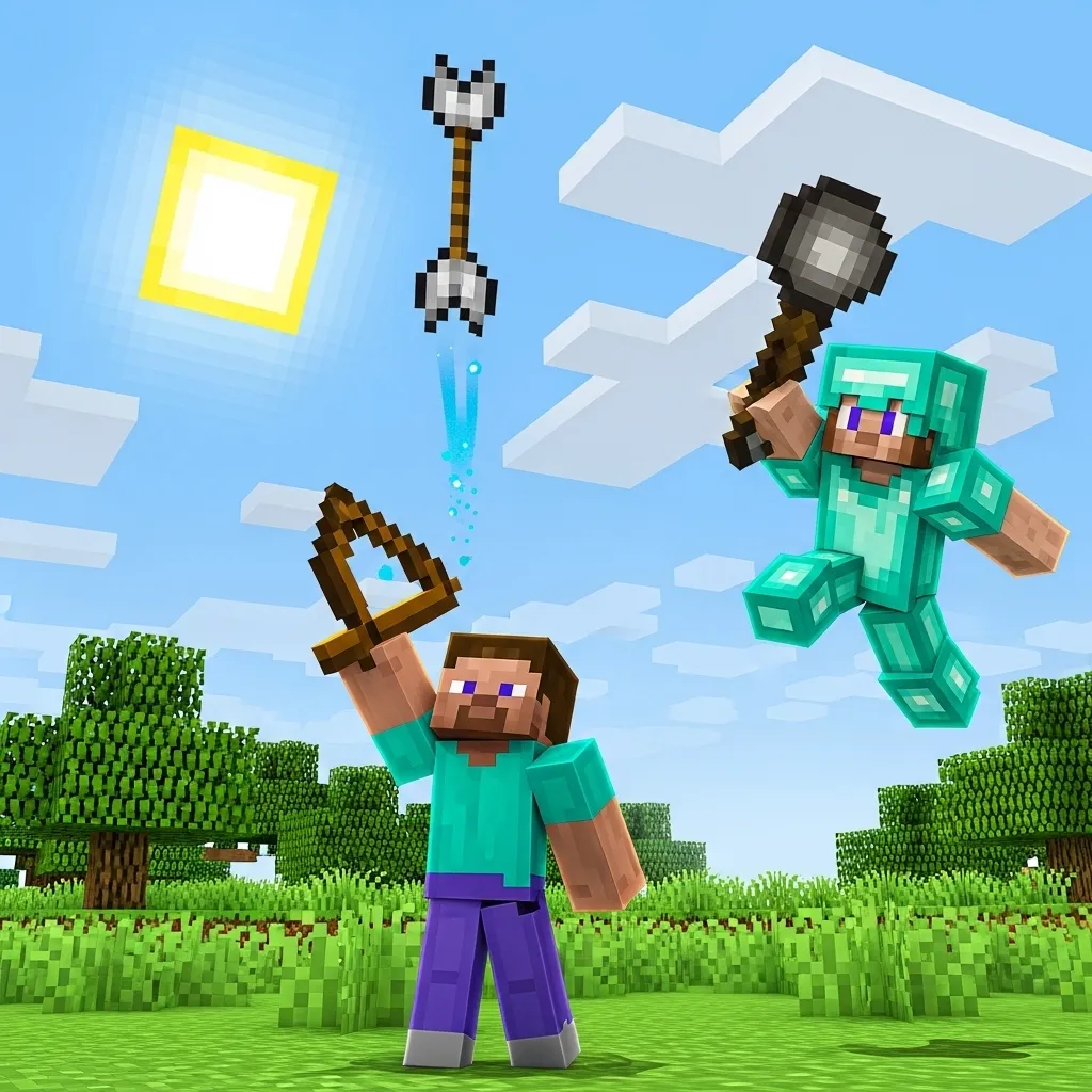 Player shooting a slow falling arrow straight up at themselves while a Mace user is mid-air, minecraft