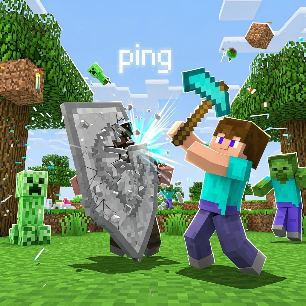 Player successfully breaking an opponent's shield with a diamond axe in a lagged environment