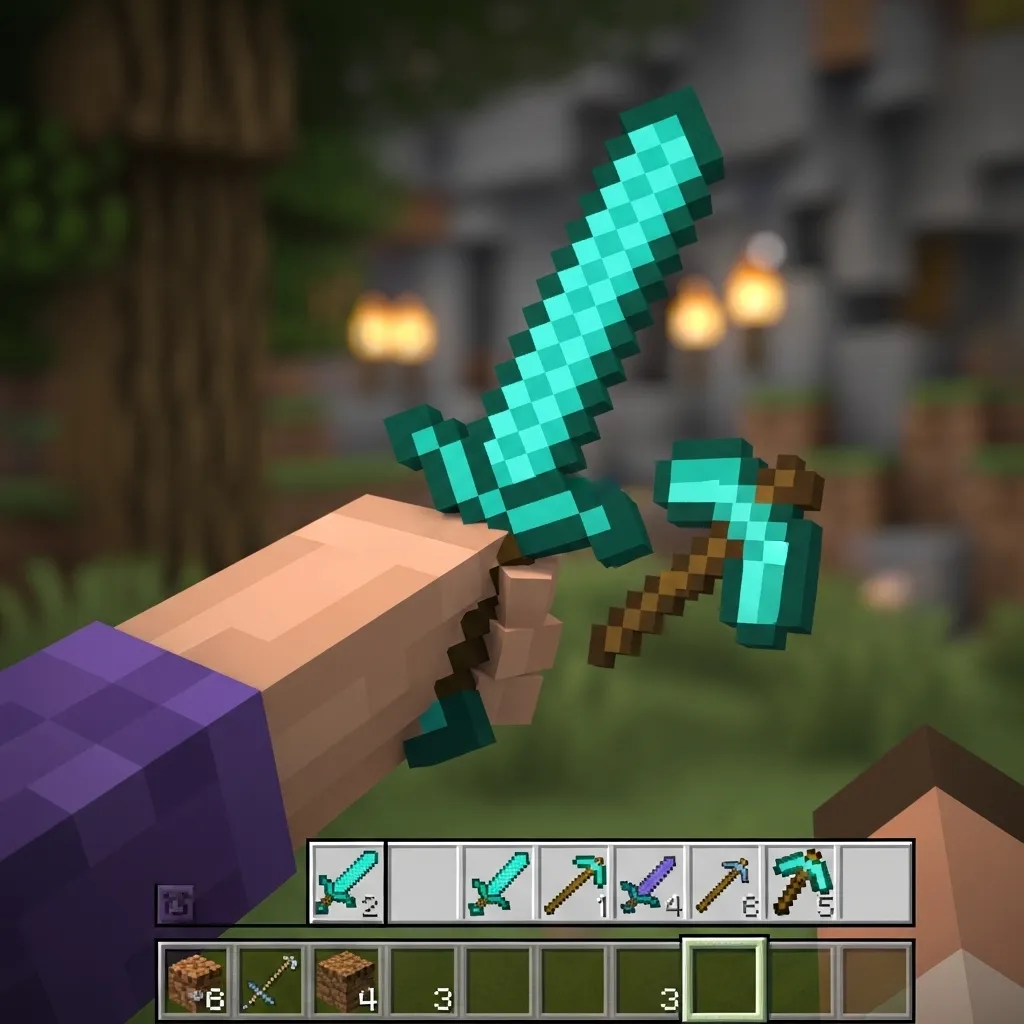 Player's hand quickly swapping a sword for an axe in a hotbar, Minecraft