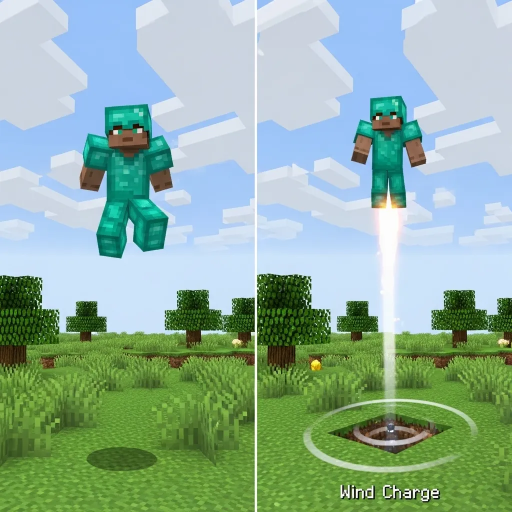 Side-by-side comparison illustrating a player jumping naturally versus a player using a wind charge ground boost for rapid ascent.