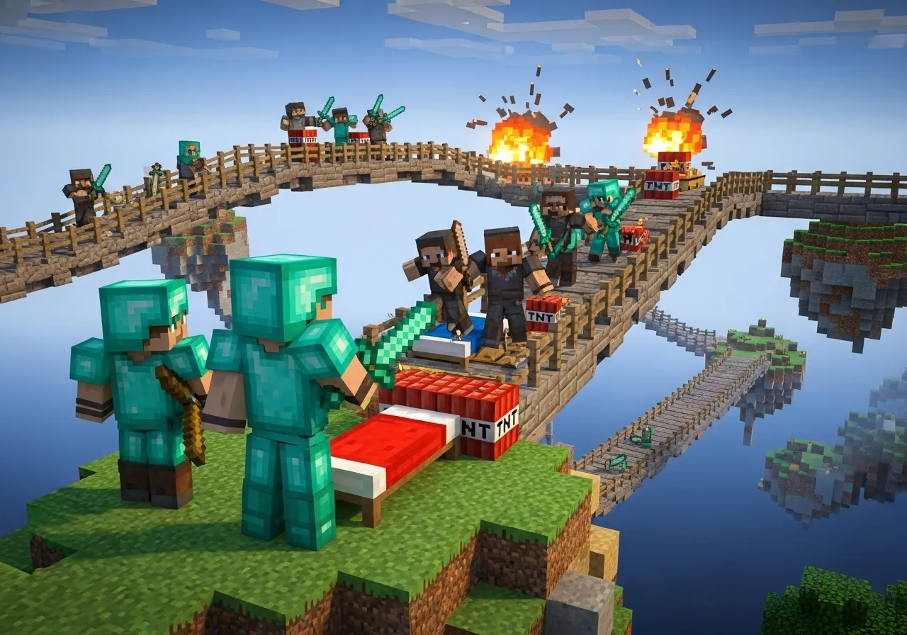 Two Minecraft players back-to-back in Bedwars, defending their bed against an incoming rush, showing silent teamwork.