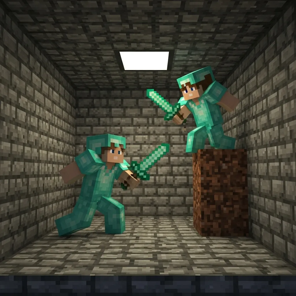 Two Minecraft players fighting in a small, enclosed box, one mid-strafe to dodge an attack.
