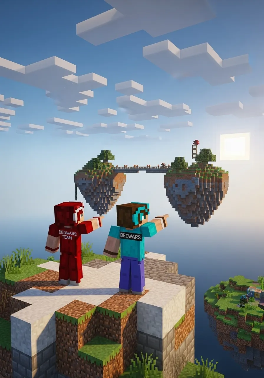 Two Minecraft players in Bedwars gear pointing towards an enemy island, symbolizing team strategy.