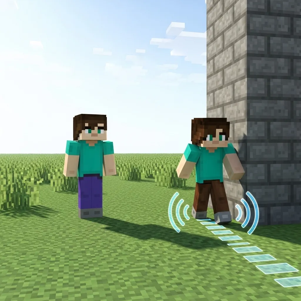 Two Minecraft players, one standing still, the other sneaking around a corner, with subtle sound wave indicators showing footsteps.